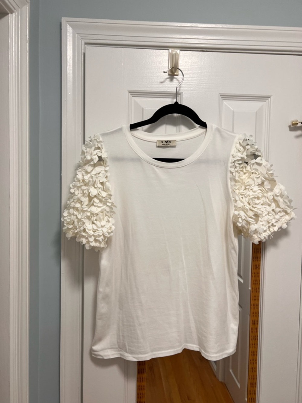 Women's White Short Sleeve Tee with Floral Appliqué Sleeves